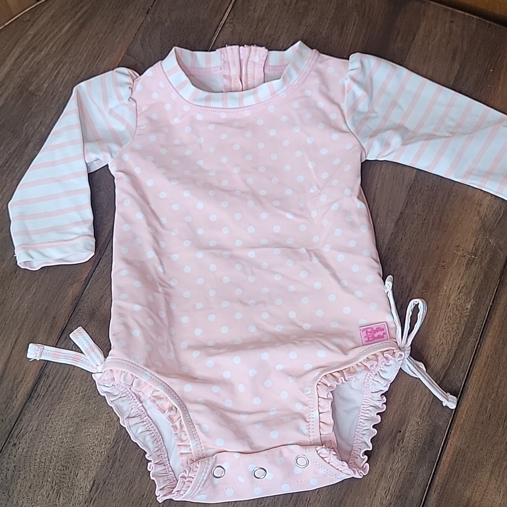 RuffleButts UPF 50 Long Sleeved One Piece Rashguard Swimsuit 3-6M